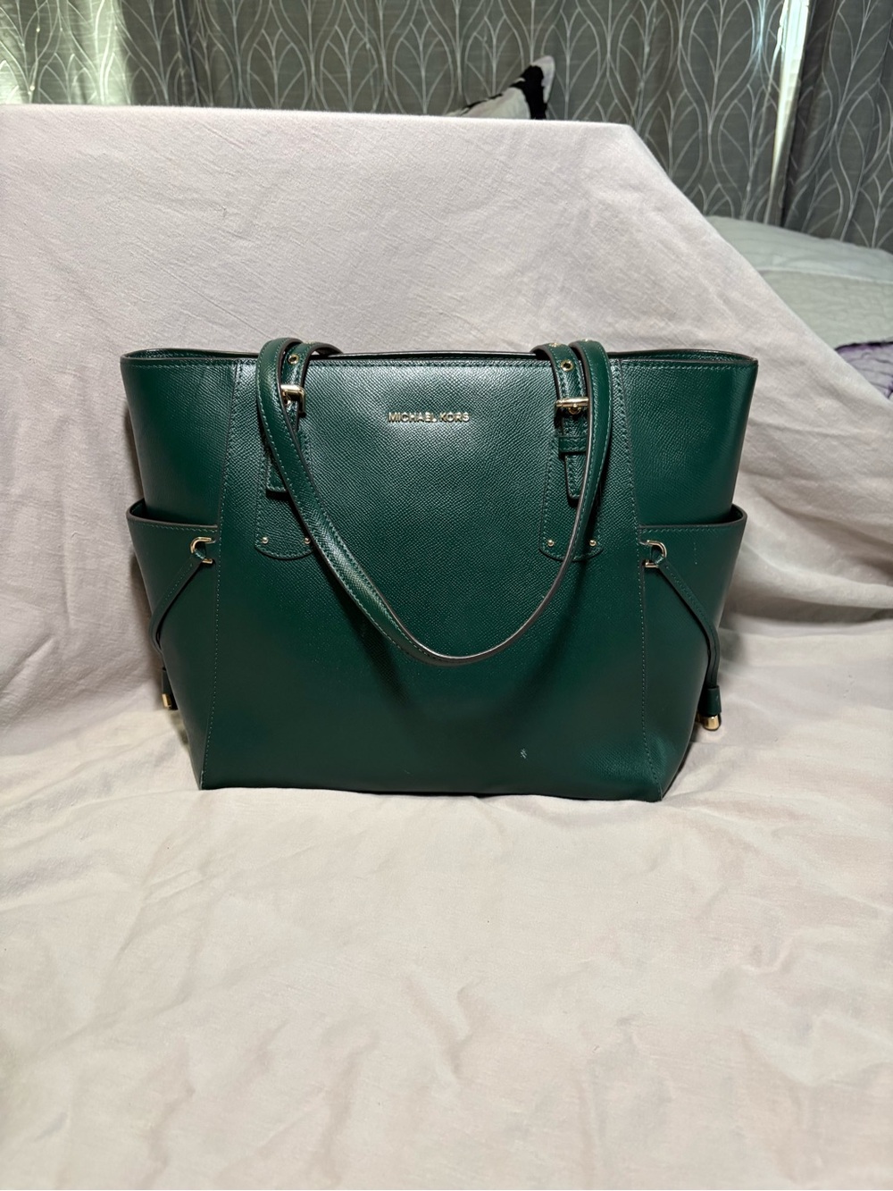 Michael Kors Emerald Saffiano Leather Tote with padded interior pocket